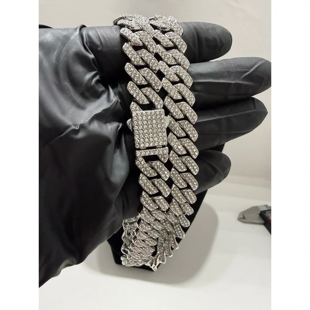 iced out cuban chain crystal vvscz silver over stainless 26in 14mm water resist